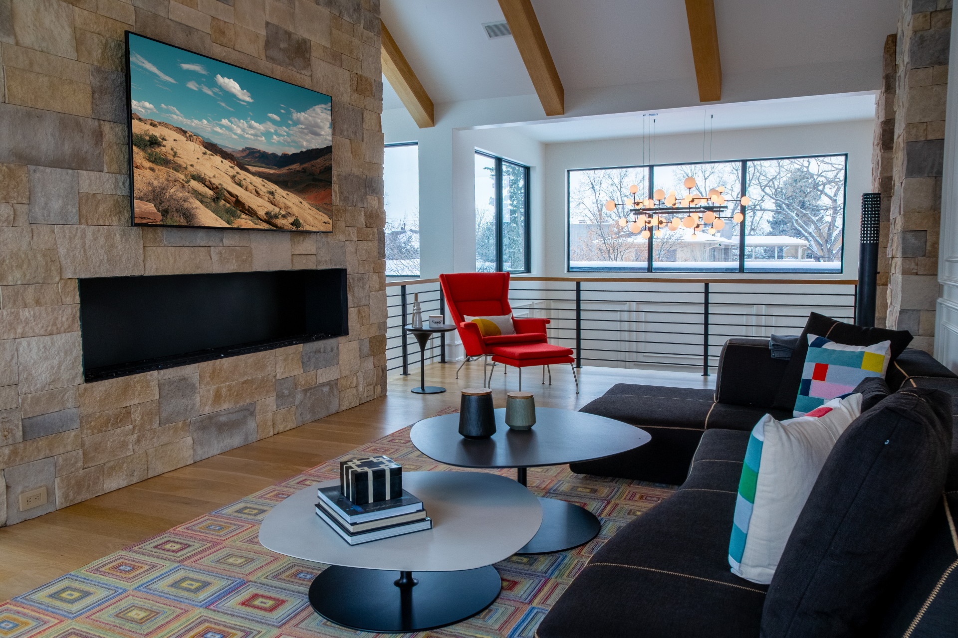 Modern living room with integrated fireplace TV and smart lighting