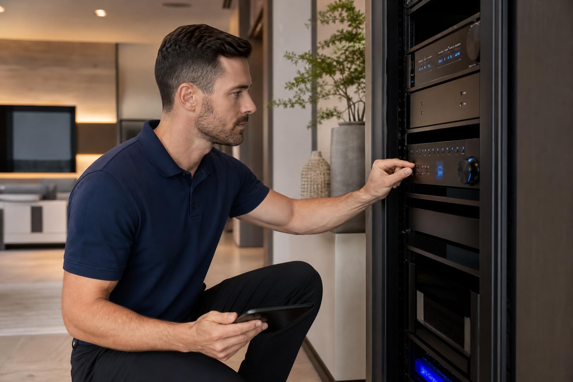 Precision Media AV technician servicing a home equipment rack
