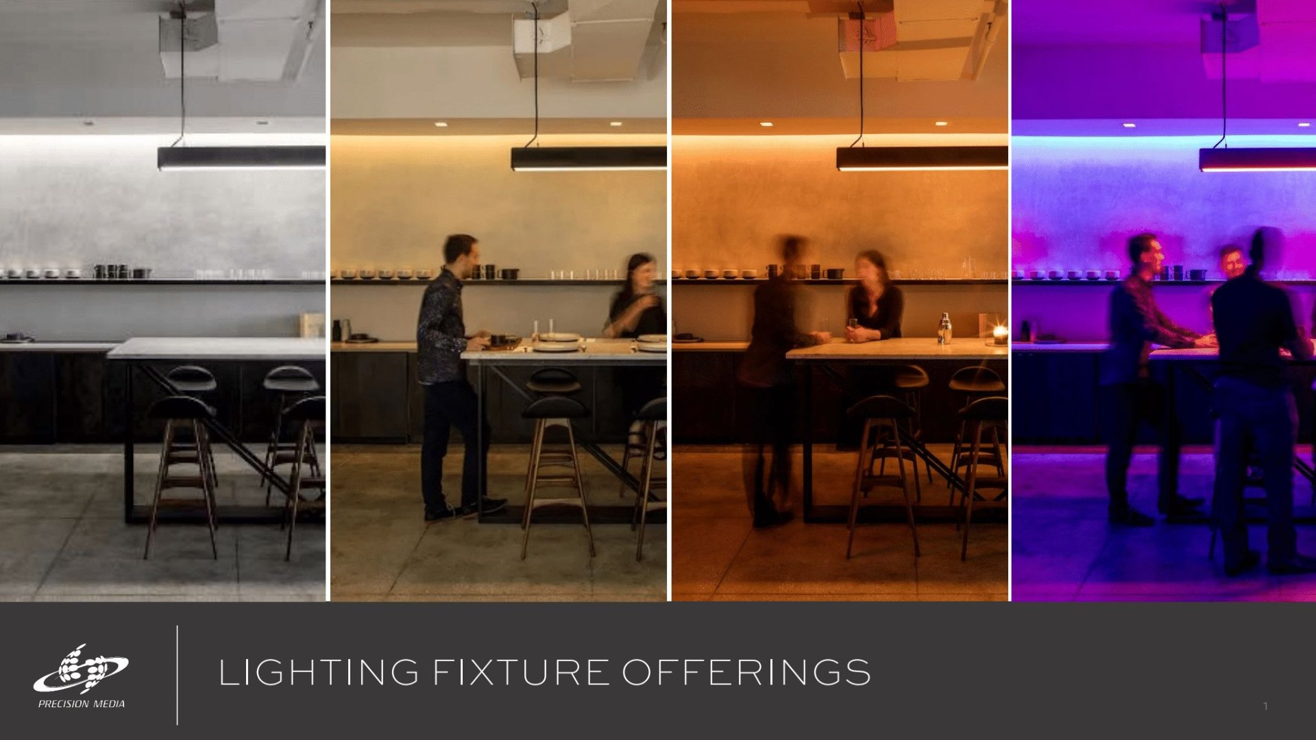 Lighting fixture offerings showing warm, cool, and colorful tunable scenes