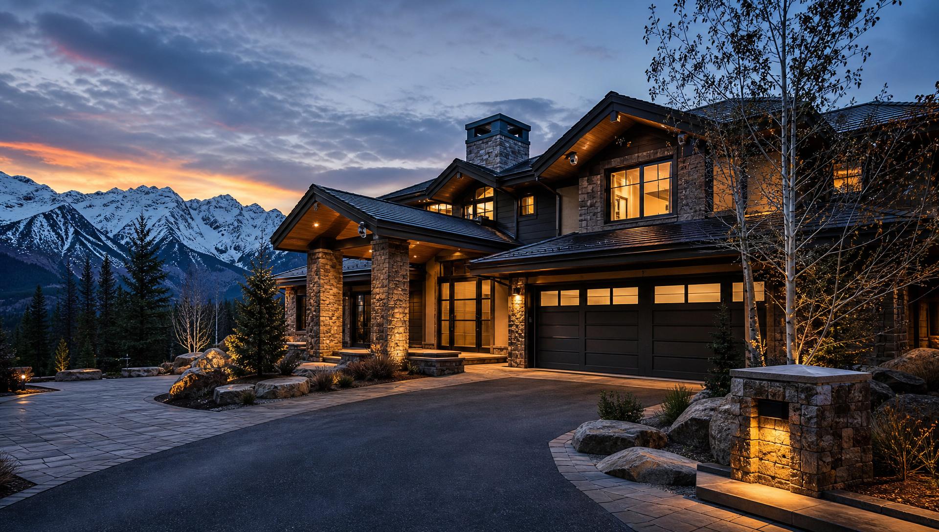 Luxury mountain home at dusk with discreet exterior security cameras